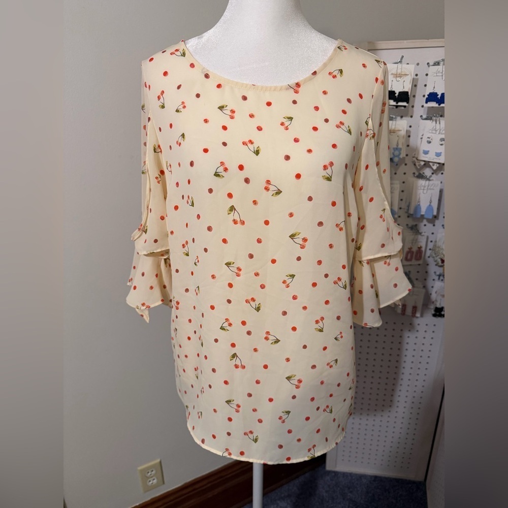 Lauren Conrad Cream Cherry Print Polka Dot Blouse